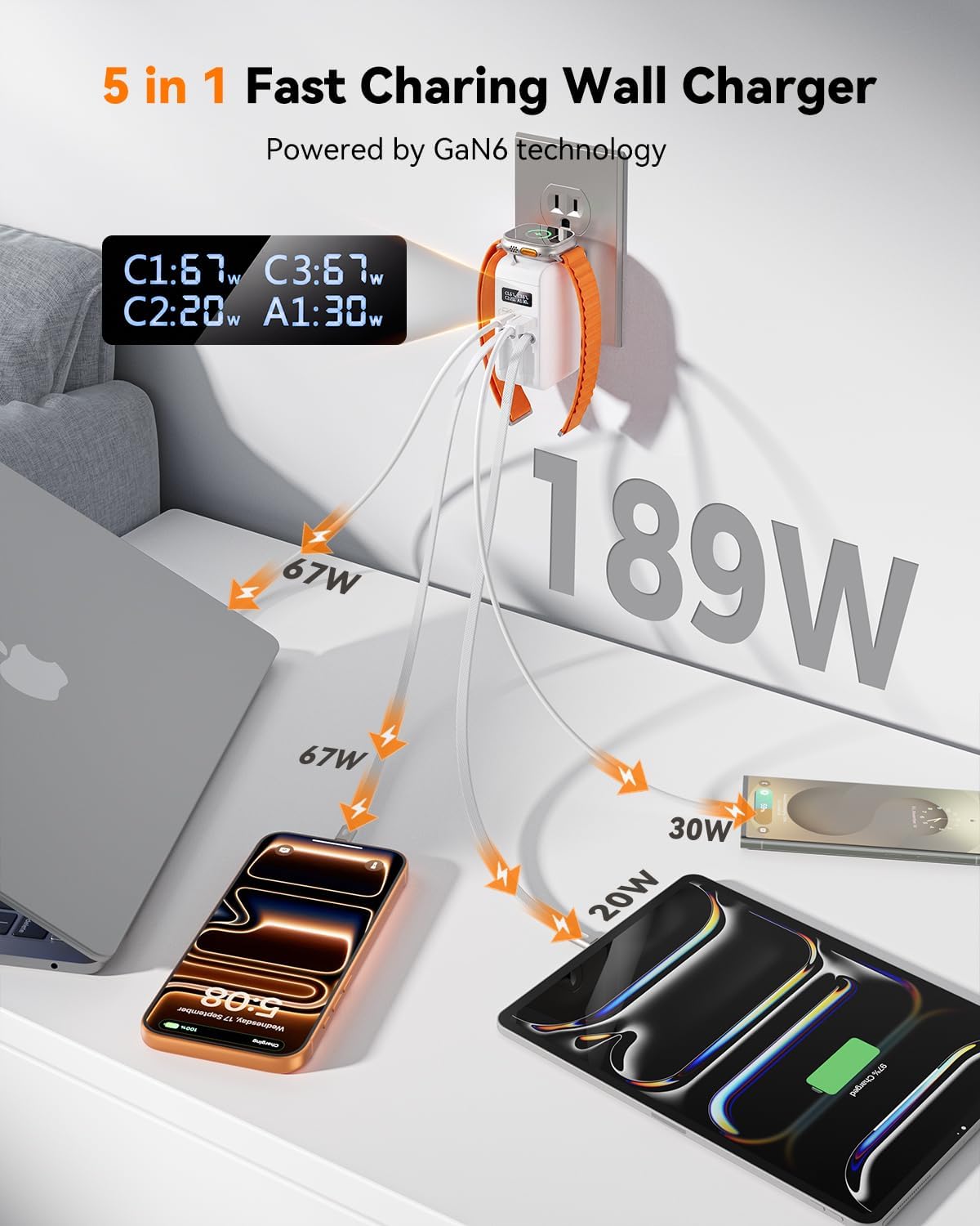 67W Retractable Wall Charger with USB-C and Apple Cables 5-in-1 | Retractable Charger with Dual USB Ports, Laptop GAN Fast Charging Block & Built Watch Charger for MacBook Pro, iPhone, Galaxy