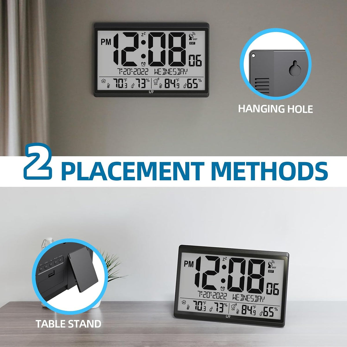 LFF Atomic Clock/Never Needs Setting, Battery Operated, Atomic Wall Clock with Indoor/Outdoor Temperature & Humidity, Wireless Outdoor Sensor, 15" Digital Wall Clock with 4.5" Numbers Easy-to-Read