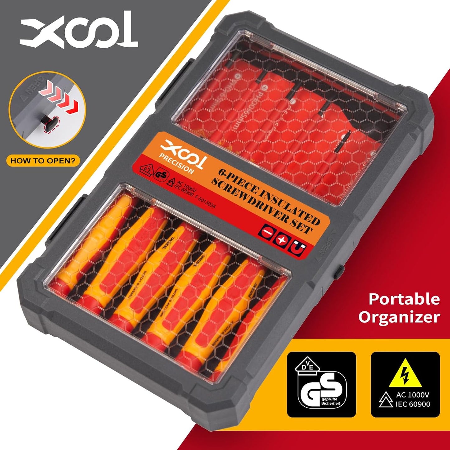 XOOL 6PCS 1000V Insulated Precision Electrician Screwdrivers Set, Slotted and Phillips Magnetic Tip, Chrome Vanadium Steel, VDE & GS Certified for Safe Electrician Repair