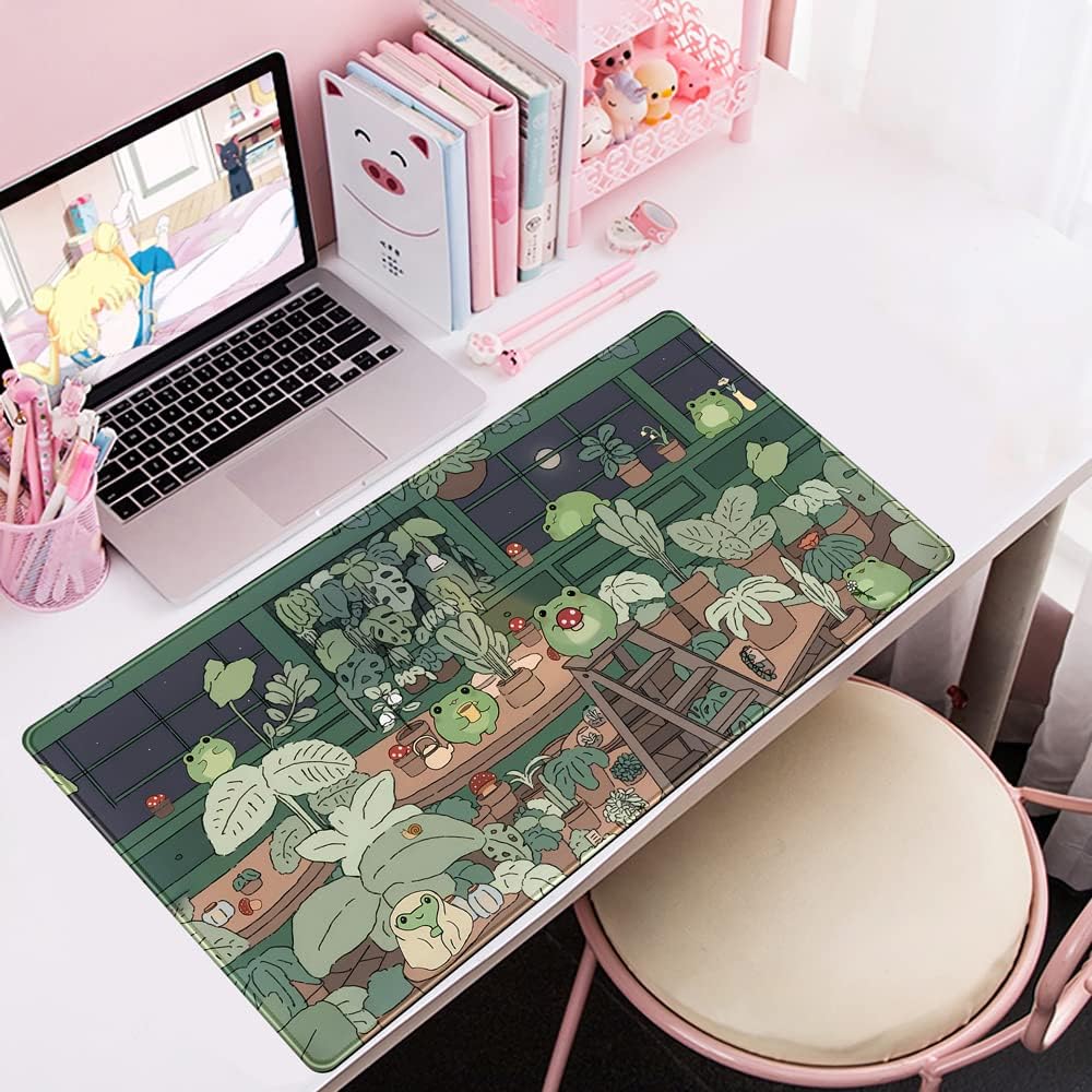 Cute Frog Mouse Pad Desk Pad Kawaii Green Desk Frog Decor Large Mouse Pad | Large Gaming Mouse Pad for Desk Computer Keyboard Laptop, Home Office Accessories for Girl (31.5x15.7 in)-with Stitched Eges