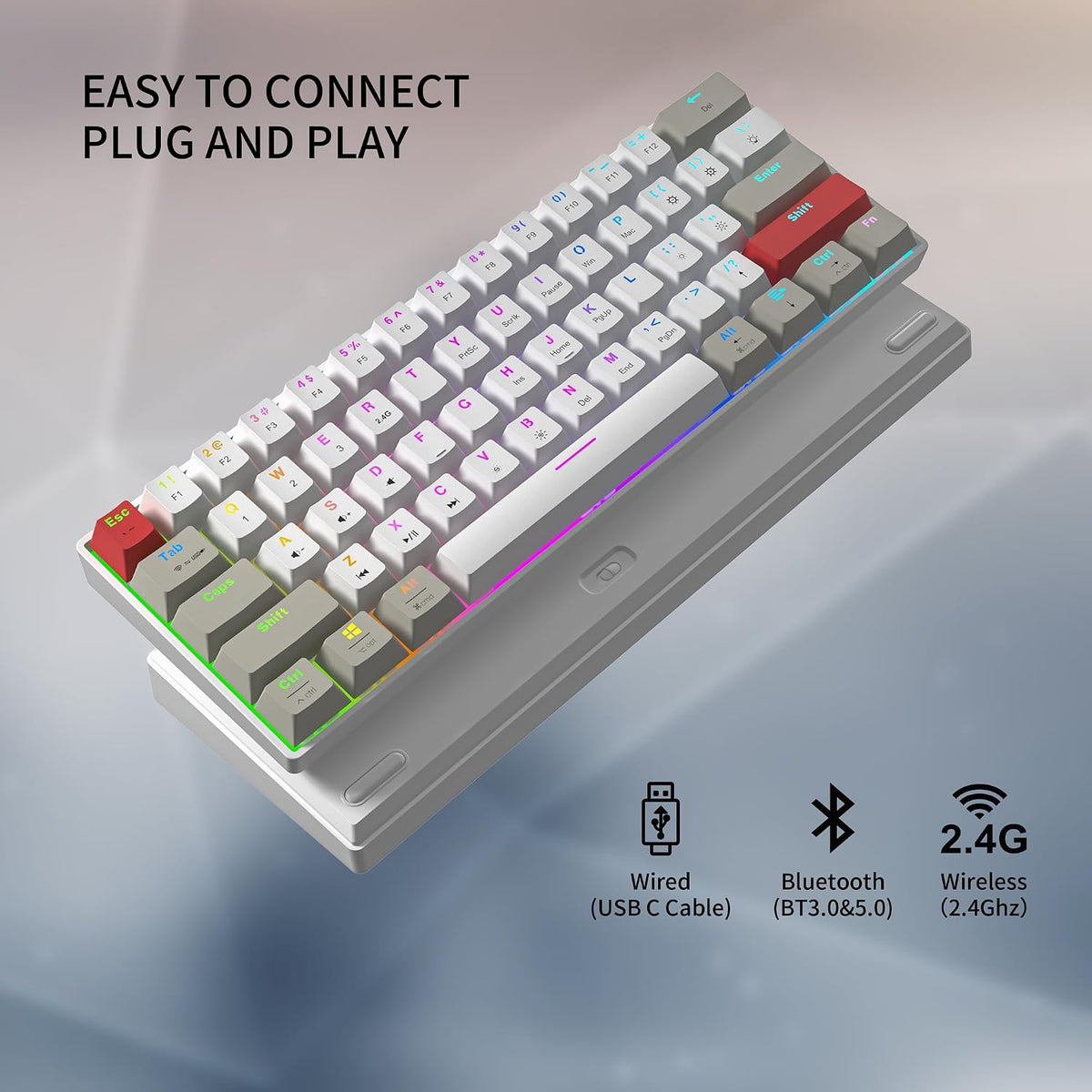 Newmen GM610 60% Wireless Mechanical Gaming Keyboard (Linear Red Switch) | 60% Wireless Gaming Mechanical Keyboard,Wired/Bluetooth/2.4G RGB Backlit, Anti-Ghosting Keys,Programmable,Hot-Swappable