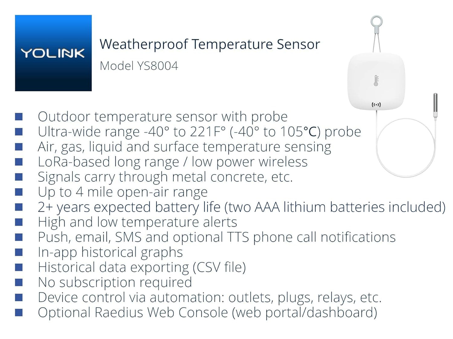 YoLink Weatherproof Fluid, Air, Surface Extreme High/Low Temperature Sensor with Probe, 1/4 Mile Long Range, YoLink Hub Required