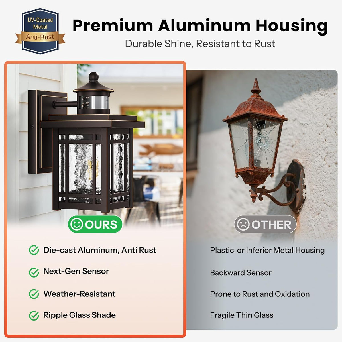 Gleamz Outdoor Porch Lights Wall Mount, Anti-Rust Updated Motion Sensor Outdoor Wall Lights, Oil Rubbed Bronze Gold Trim Exterior Lighting Fixtures,Waterproof Exterior Lighting Fixtures Dusk to Dawn