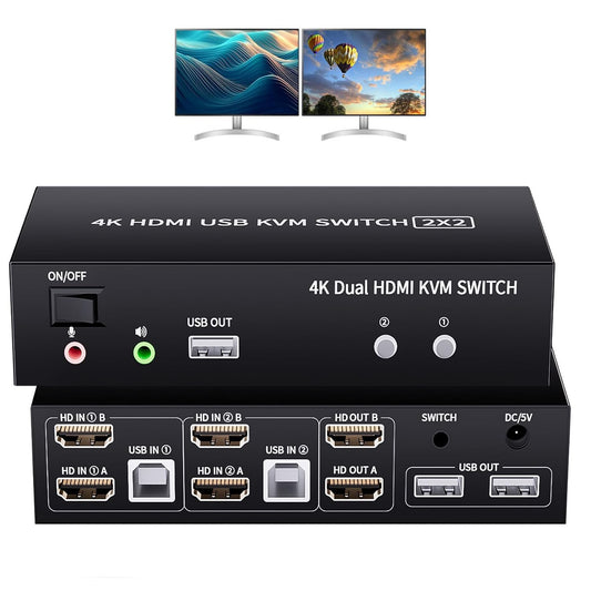 2 Ports HDMI KVM Switch, 4K@60Hz, 2 PCs Share 2 Monitors and 5 USB 2.0 Port