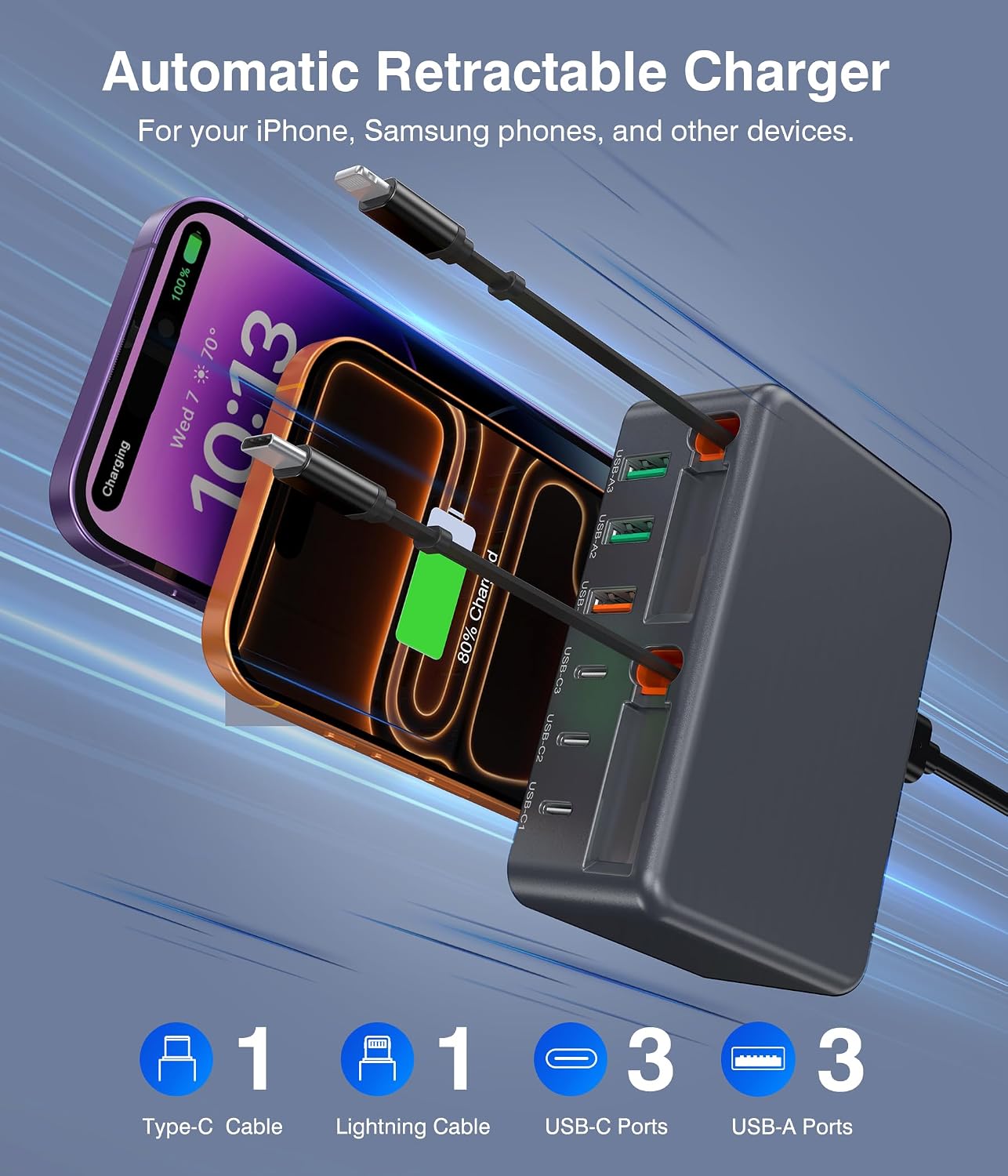 Upgraded 8-in-1 Retractable USB C Charger Block, 120W GaN Multi Charging Station Hub with Lightening & Type C Cable, Travel Essential USB C Power Strip Plug for iPhone 17 16 15 14 Pro Max iPad Galaxy