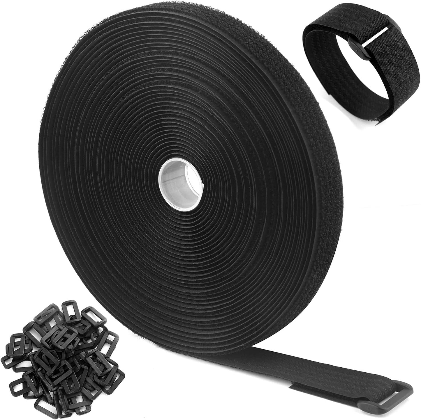 16Ft x 2In Adjustable Cable Straps with 12 Buckles, Free Cut Length, Black Reusable Fastening Cable Ties, Hook and Loop Securing Strap for Cable Tidy, Wire Management, Cord Organiser, Black