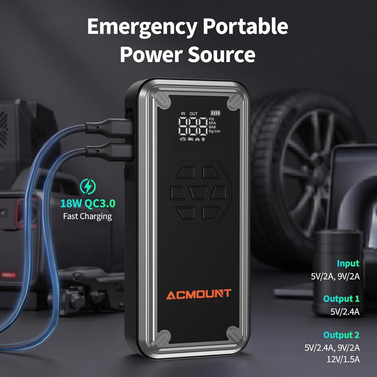 ACMOUNT W160 5000A Jump Starter with Air Compressor 150PSI, 12V Jump Box | Car Jumper Starter Portable(9L Gas/8L Diesel) with Jump Cables, Tire Inflator, 3 LED Light Modes, Power Bank, Car Essentials