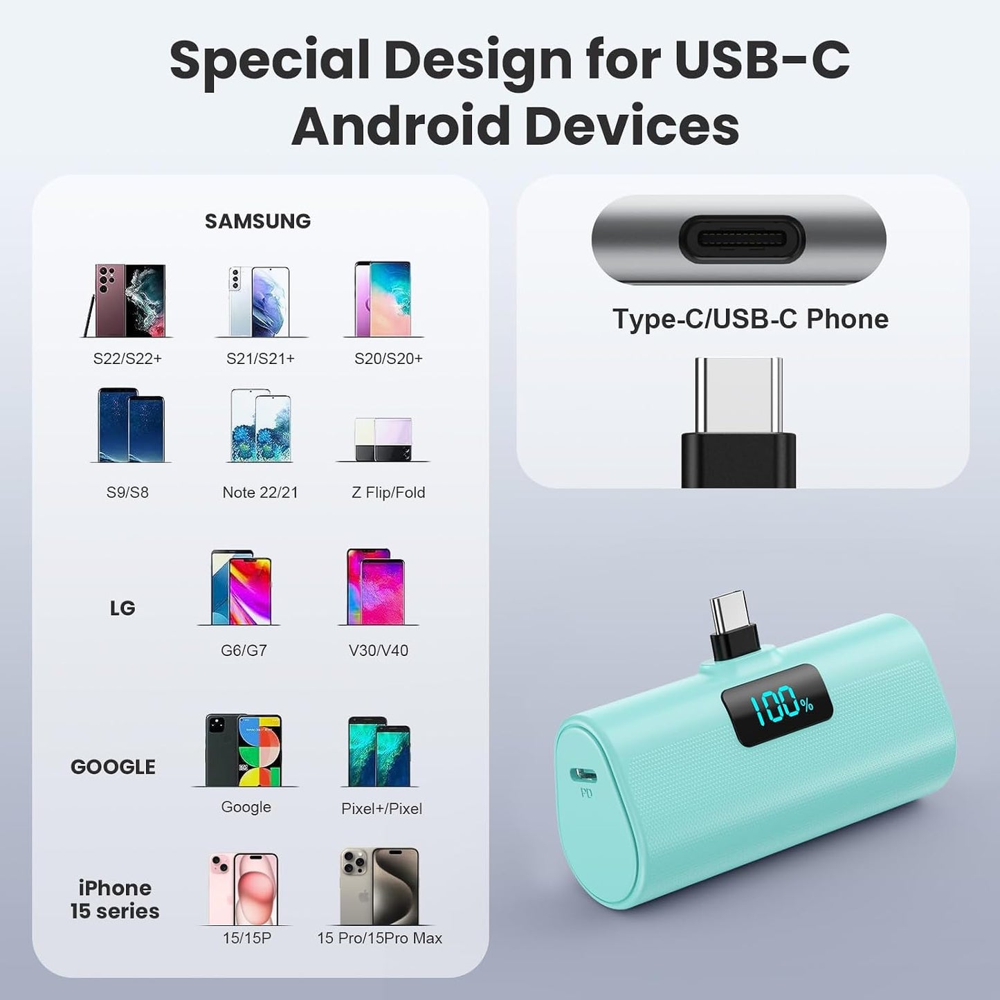 [2-Pack]Portable Charger for iPhone 16/15 Series,5200mAh PD USB C Power Bank Built-in USB-C Connector,Battery Pack Compatible with iPhone 16/16 Plus/16 Pro/16 Pro Max/15 Series,Android (Blue+Green)