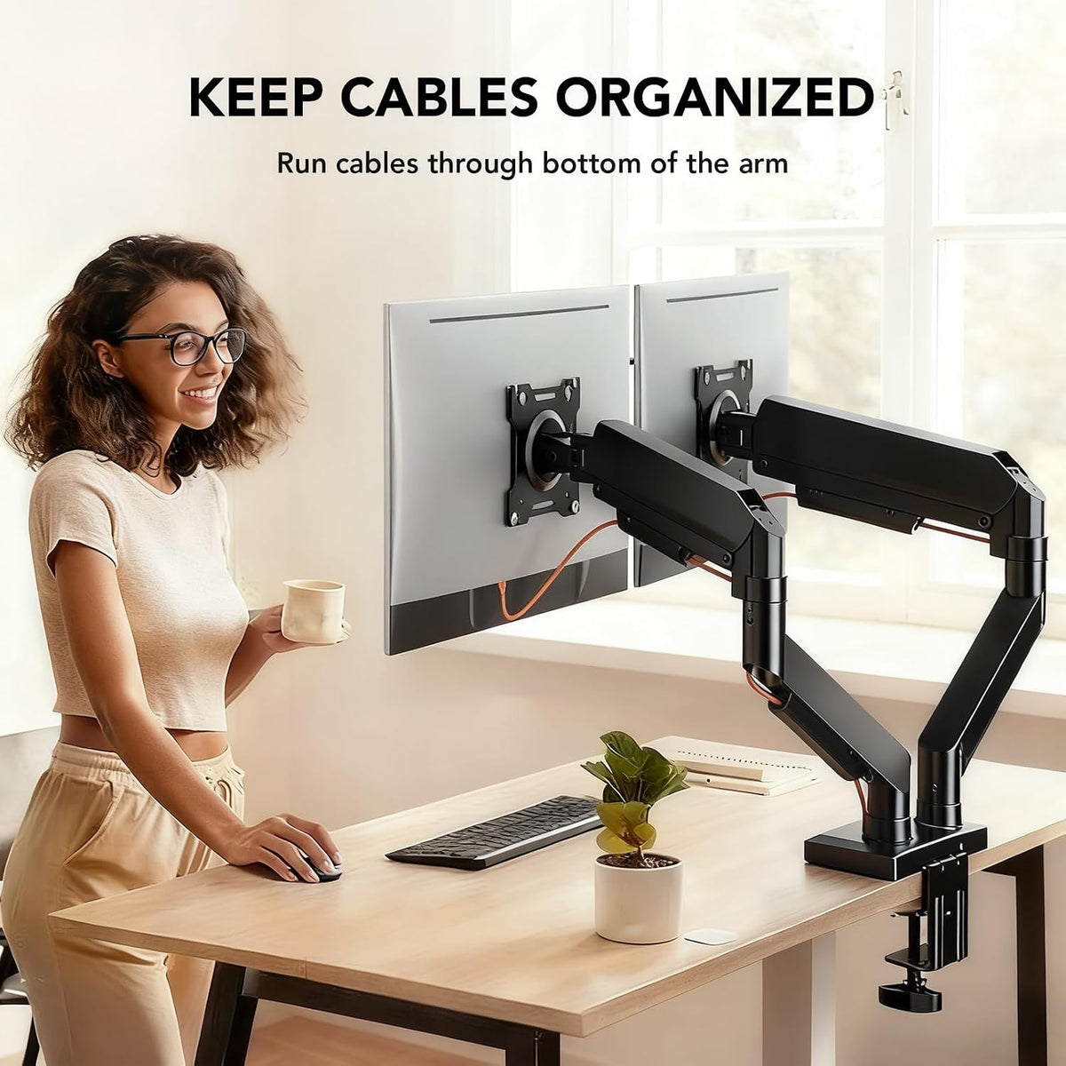 Dual Monitor Stand Adjustable Monitor Desk Mount for 17″–32″ Computer Screens, Full Motion VESA Pattern 75x75/100x100 with C-Clamp & Grommet Aluminum Base, Each Arm Holds 4.4 to 20 lbs HD09B-201