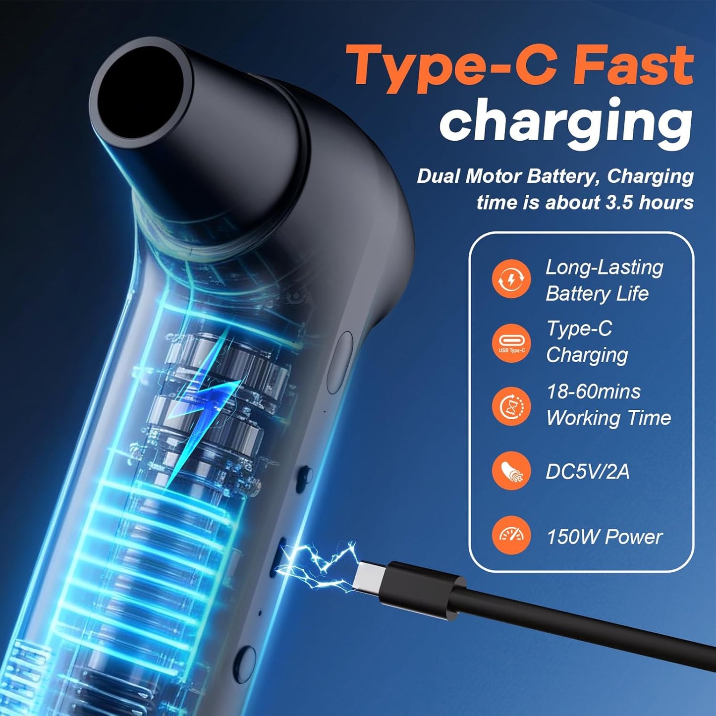 Electric Air Duster 2-in-1 Vacuum Blower, Portable Vacuum Cleaner150W Brushless Motor 130000 RPM, 3 Speed Cordless Rechargeable Cleaner for Keyboard, Electronics, Home, Car
