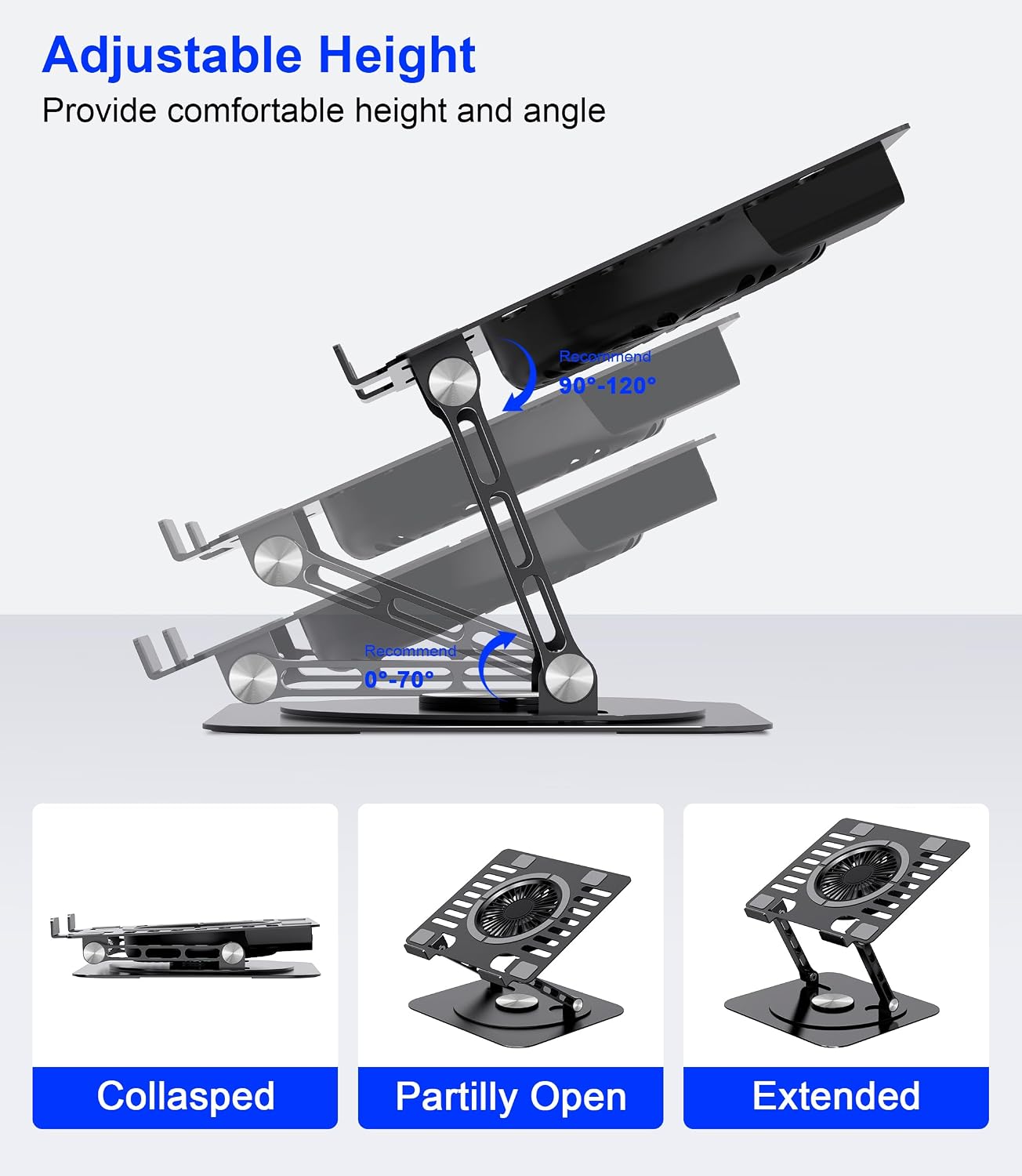 Laptop Stand,with 360°Rotating Base,External Cooling Fan,Adjustable RGB Lighting,Ergonomic Foldable Notebook Computer Holder.Compatible with All 10-17" Laptops Tablets,Black