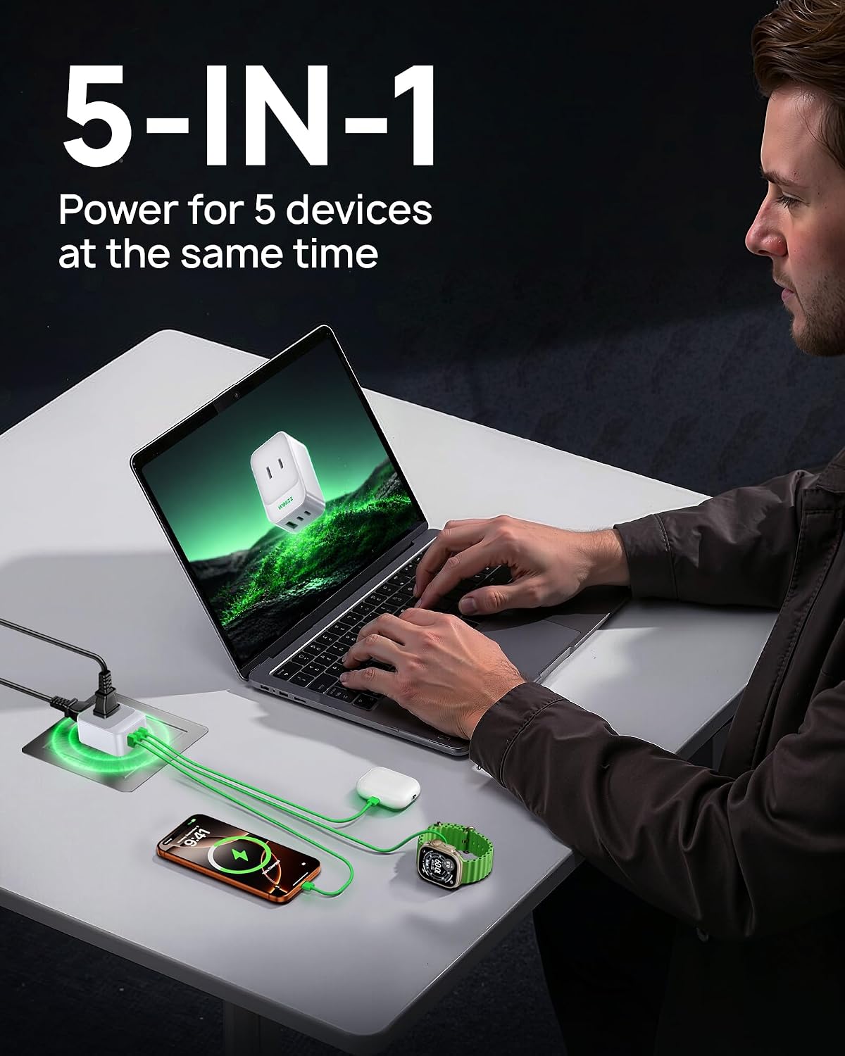 5-in-1 Wall Outlet Extender, Supports PD 30W/QC 18W Fast Charging, Multi Plug Foldable Wall Charger with 5 Ports 2 AC, 2 USB-C, 1 USB-A for MacBook Pro, Galaxy, Dell, iPhone 17/16, iPad Pro, and More