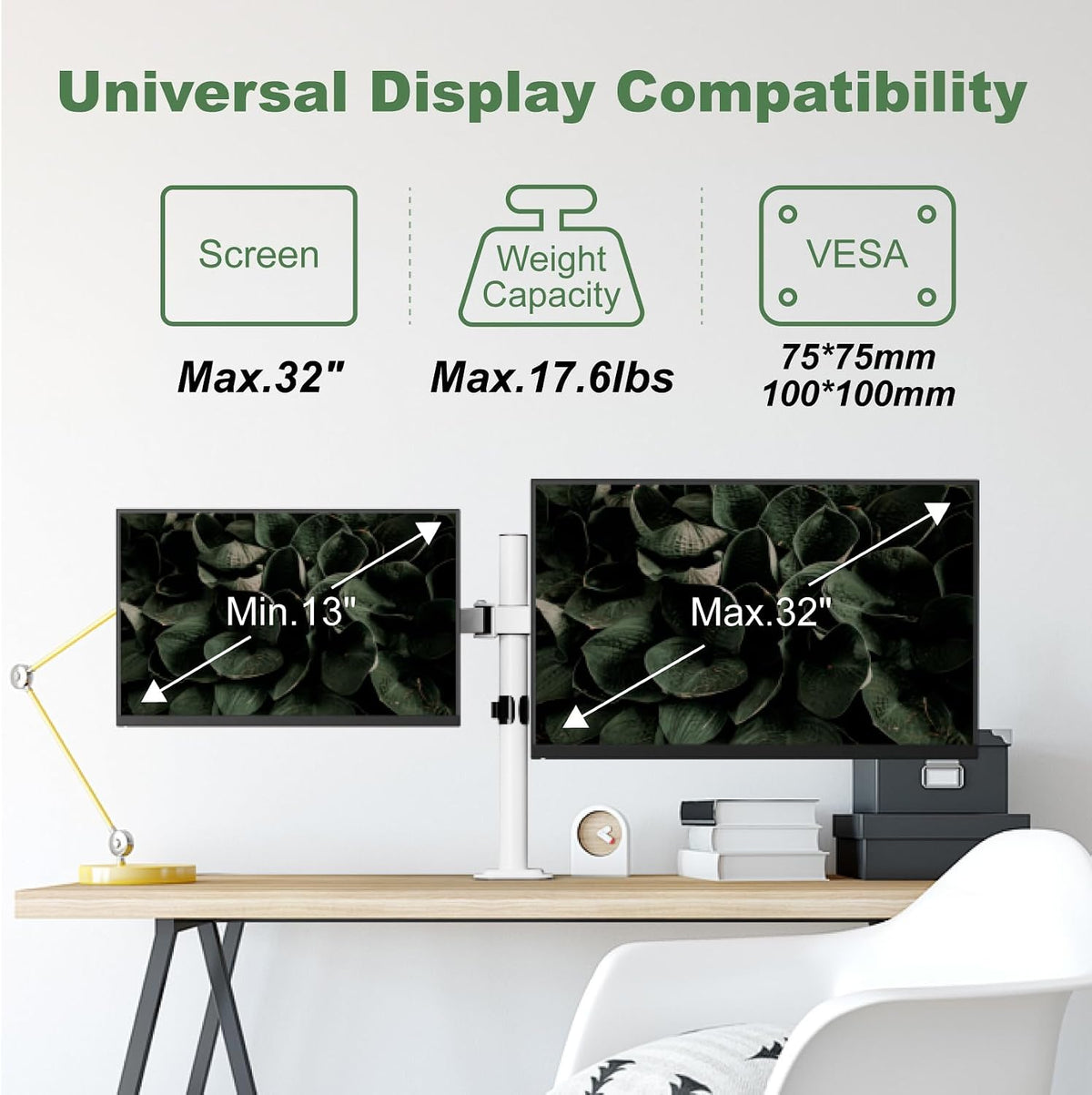 UPGRAVITY White Dual Monitor Mount Stand for Two 17"-32" Screens | Fully Adjustable Dual Monitor Arms Hold up to 17.6lbs, VESA 75x75/100x100mm, C-Clamp/Grommet Base