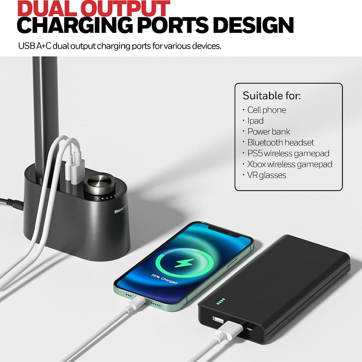 Honeywell HWT-H01 LED Desk Lamp, Foldable & Stepless Dimmable, Black | Sunturalux Eye-Caring Desk Light with Charging Ports, Modern Table Lamp, Reading Lamp for Home Office Bedroom College Dorm