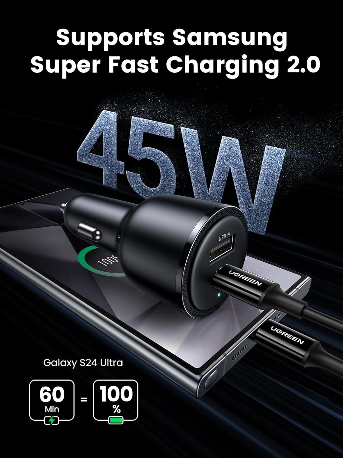 UGREEN 63W 2-Port USB C Car Charger, Type C Cigarette Lighter Adapter | 1 USB-C 1 USB-A, Compatible with iPhone 17 Air 17 Pro 17 Pro Max 16 15 14 13 12, Galaxy S25 S24 S23 Ultra, iPad