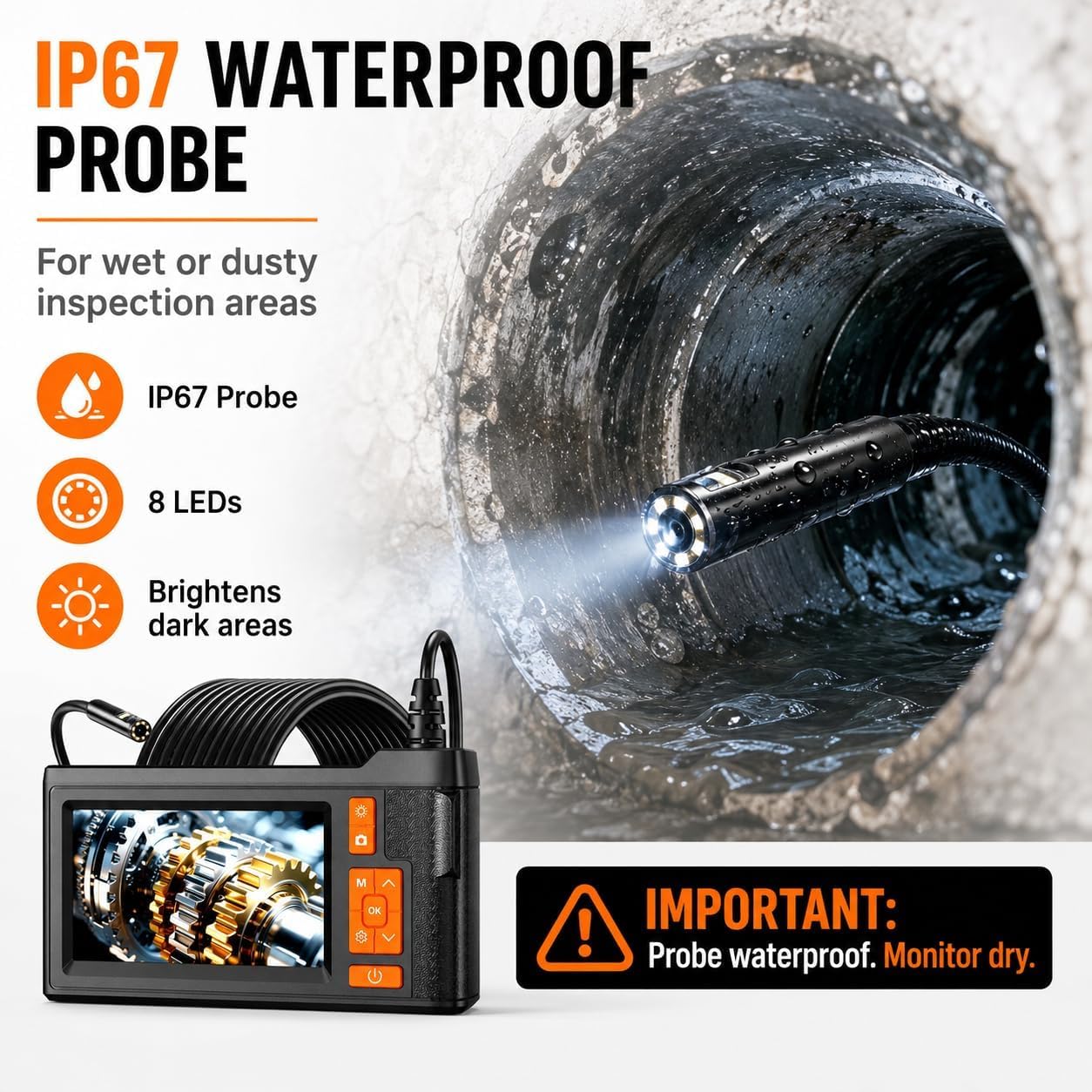 Dual Lens Borescope Inspection Camera, 4.3" HD Screen 1080P Photo Video | Endoscope Camera with 32GB Card, 8+1 Lights, 16.4FT Semi-Rigid Cable, IP67 Waterproof Snake Camera for Automotive, Pipe, HVAC