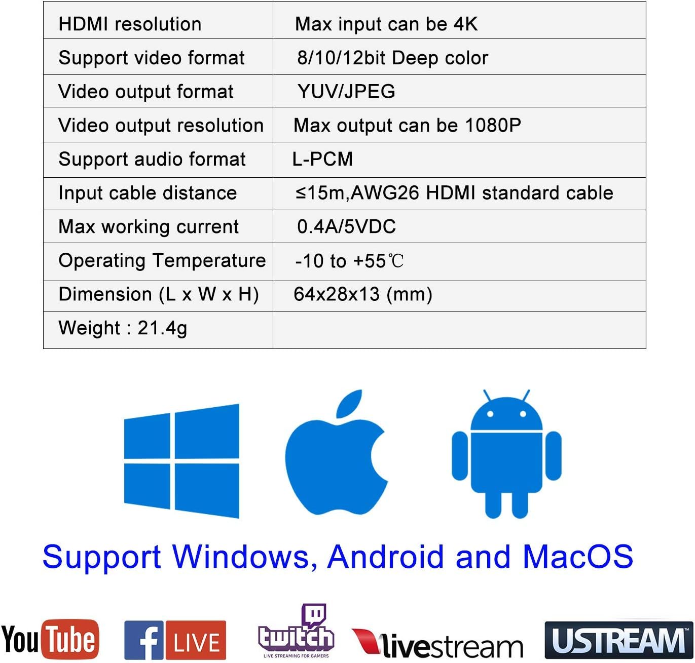 Audio Video Capture Cards Cam Link Card HDMI to USB 2.0 Full HD Record via DSLR Camcorder Action Cam for Acquisition Live Streaming Gaming Teaching Conference（Support VLC/OBS/Amcap）