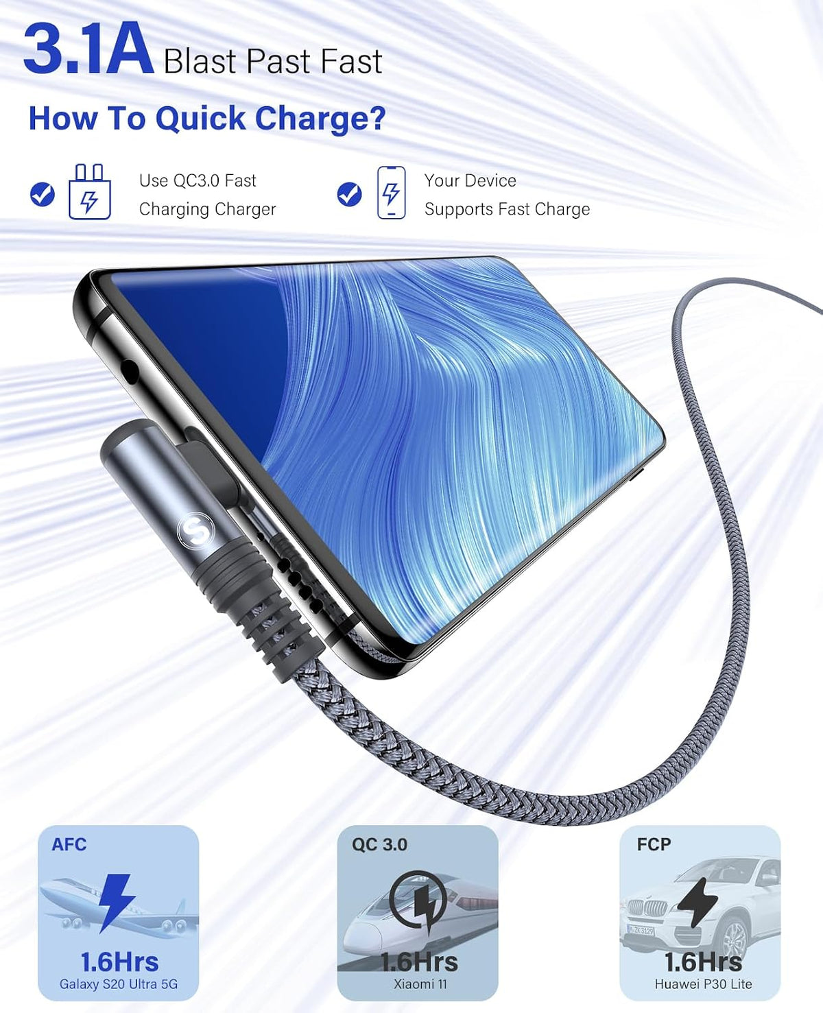 USB to USB C Cable 3.1A Fast Charge Right Angle CarPlay 10ft 2-Pack Grey