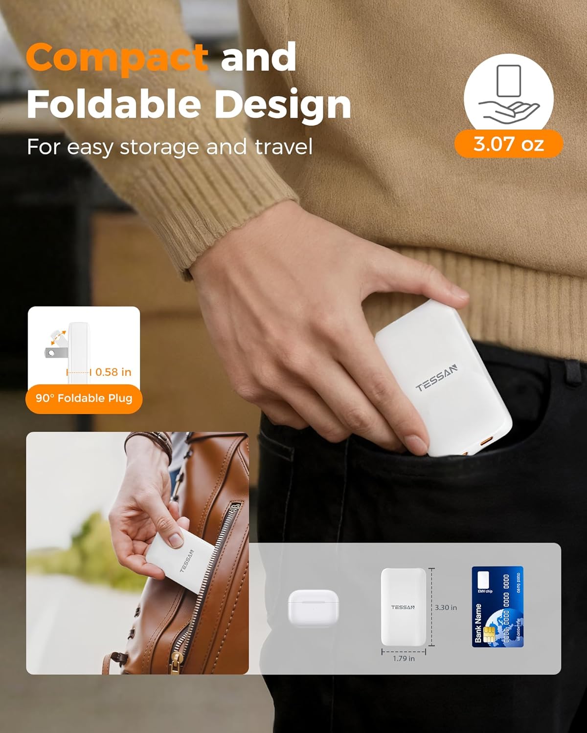 USB C Wall Charger Block PD 65W, TESSAN Flat Fast Phone Charger Foldable | 2 USB C, GaN Type C Fast Charging Block, 0.58'' Ultra Slim Charger, for iPhone 17/16/15 Series, Samsung Galaxy Models, Travel