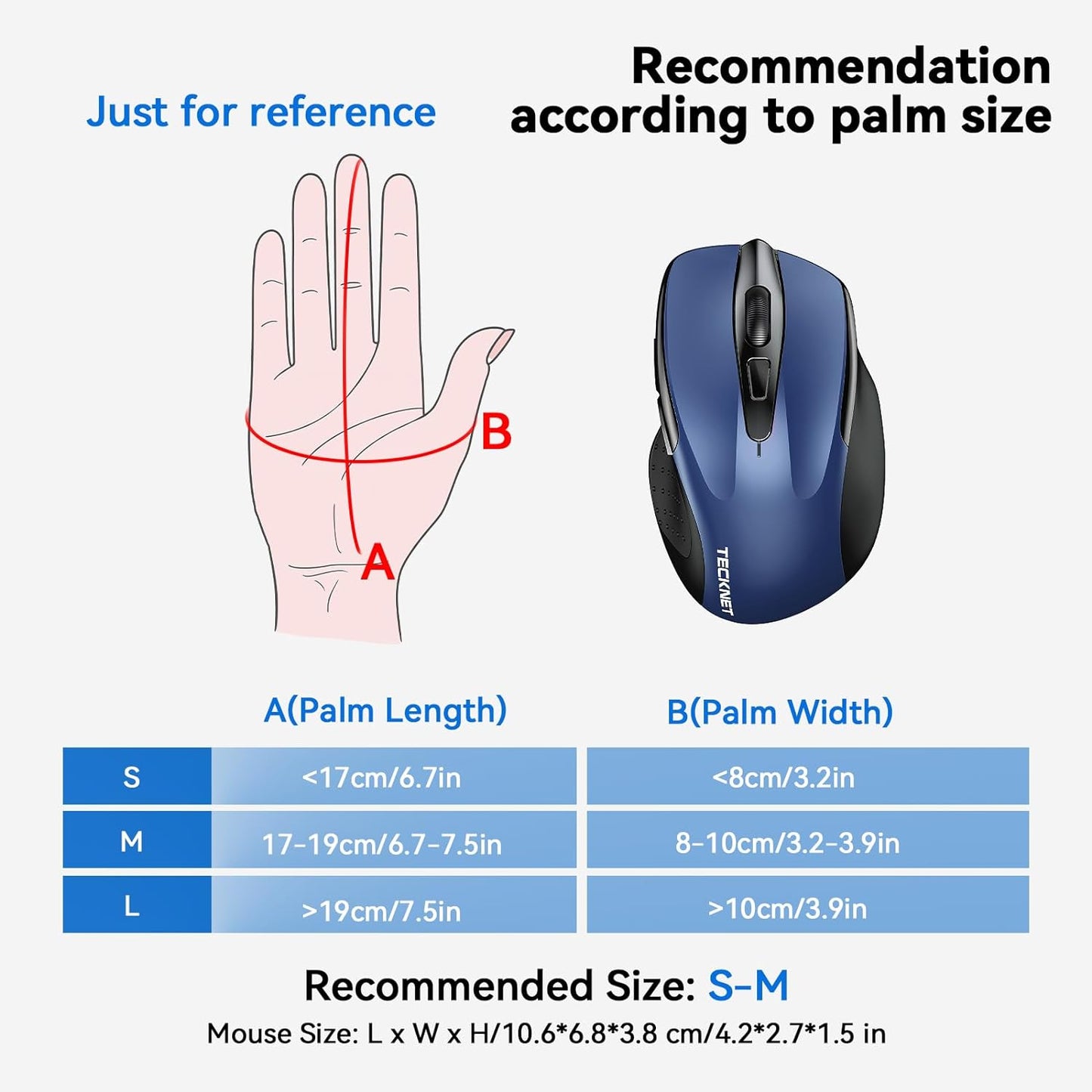 TECKNET Wireless Mouse, BT 5.0/2.4G, Rechargeable 6-DPI Silent, Blue | Bluetooth 5.0/3.0 & USB A, 2-Device Easy Switch, Wide OS Compatible, 6 Buttons, 6-DPI up to 4800, Ergonomic for S to M Hands