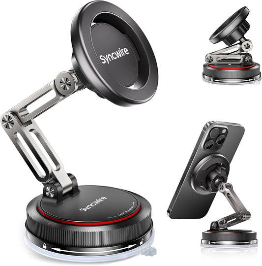 SYNCWIRE for MagSafe Car Mount [3-Axis] Nano Adhesive Gel + Strong Suction Cup Magnetic Phone Holder for Dashboard & Windshield, 360° Adjustable for iPhone 17 16 15 14 13 12, Samsung, Matte Black