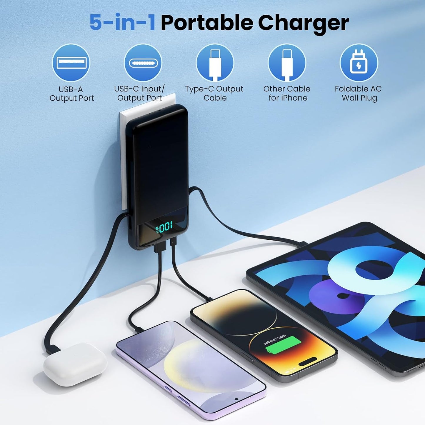 Portable Charger Power Bank for iPhone with Built-in Cables and AC Wall Plug, 13800mAh Ultra Slim Travel Essentials,USB C Fast Charging External Battery Pack for iPhone 17/16/15/13,Galaxy,Android etc