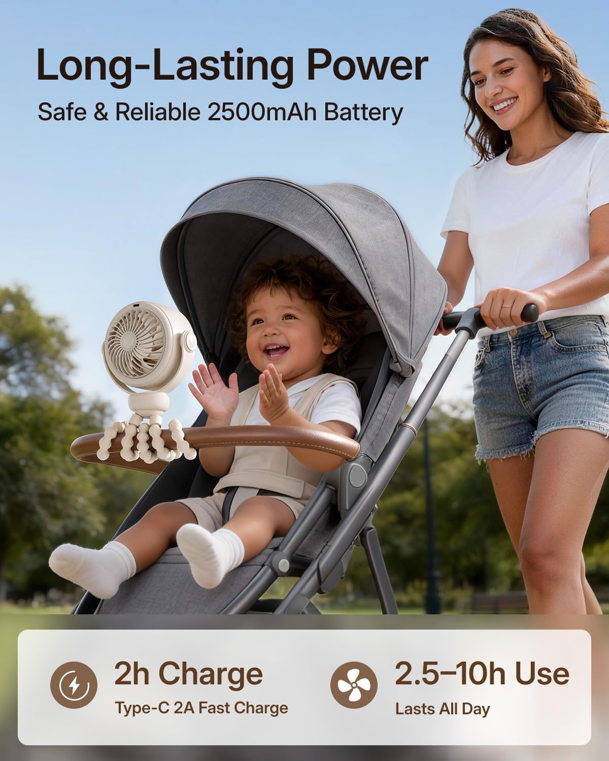 SWEETFULL Portable Stroller Fan, Pinch-Proof Baby Fan - Cream | Wide Turbine Airflow; Safe Design; LED Display; 5-Speed; 30dB Quiet; USB-C Rechargeable; Mini Clip On Fan for Car Seat & Bed