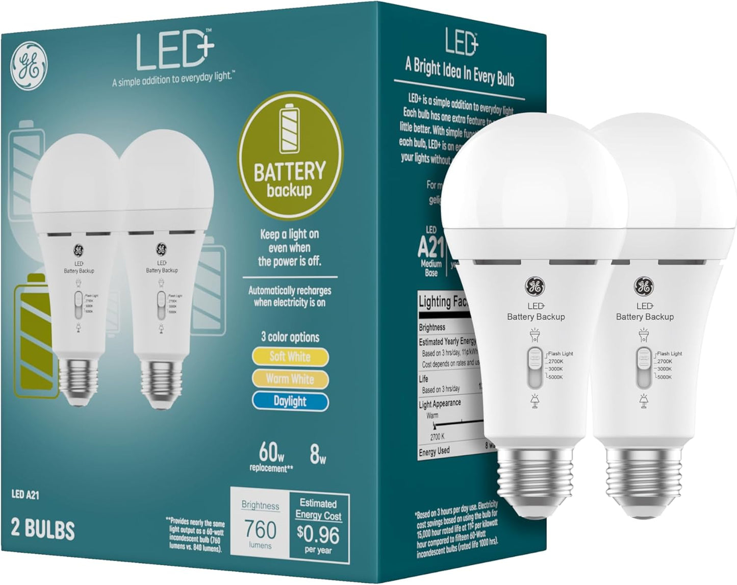 GE LED+ Battery Backup Emergency Light Bulbs A21, 3 Colors, 2 Pack | Stays on during power outages, built-in rechargeable battery, 3 color temperatures, A21 LED, flashlight mode, emergency ready