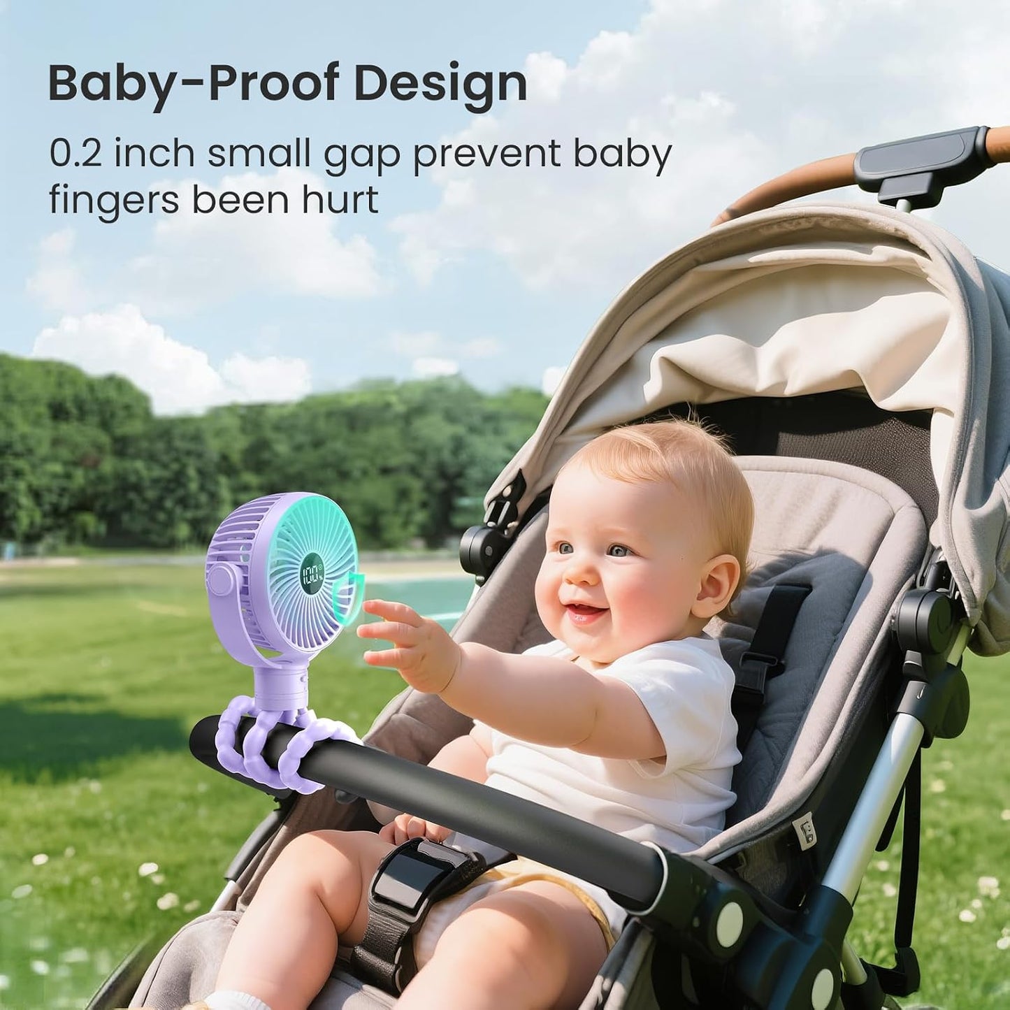 Coohea Portable Stroller Fan, 25H Long-lasting, 4 Speed, Night Light,Purple | 4000mAh Rechargeable Battery Powered Fan, Head Detachable 360° Rotate Mini Fan, Easy to Wrap for Car Seat Crib Bike Treadmill