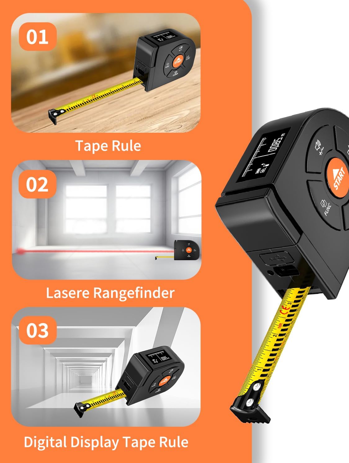 Laser Tape Measure 3-in-1, 196ft/60m Laser Distance Meter, 16ft/5m Digital Tape Measure, Regular Tape Measure, Area Volume Measuring Pythagorean Mode, Rechargeable