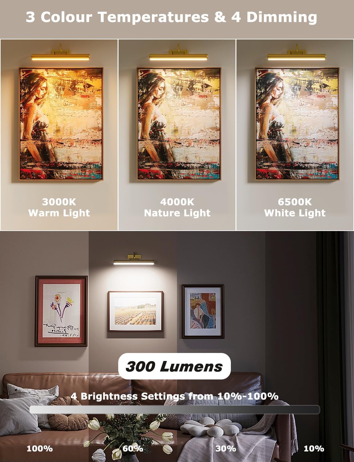13" Wireless Picture Lights for Wall, Rechargeable Art Light, 2Pack Gold