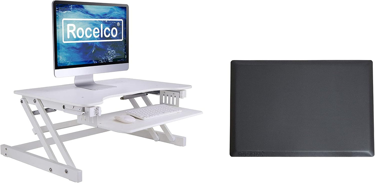 Rocelco 37.5" Height Adjustable Standing Desk Converter with Anti Fatigue Mat Bundle - Slide Out Retractable Keyboard Tray - Sit Stand Dual Monitor Riser - Computer Workstation - Gray (R DADRG-MAFM)