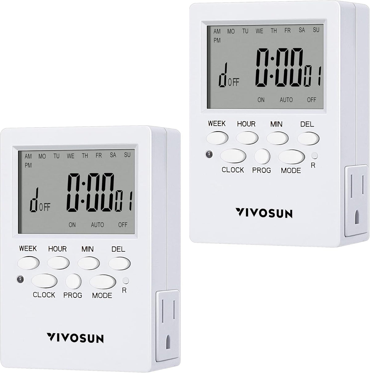 VIVOSUN 7 Day Programmable Digital Timer with Dual Outlet, 20 On/Off UL Listed Heavy Duty Plug-in Outlet Timer with Countdown Setting, Indoor for Lamp, Fan, Heater, Humidifiers, Aquarium (2 Pack)