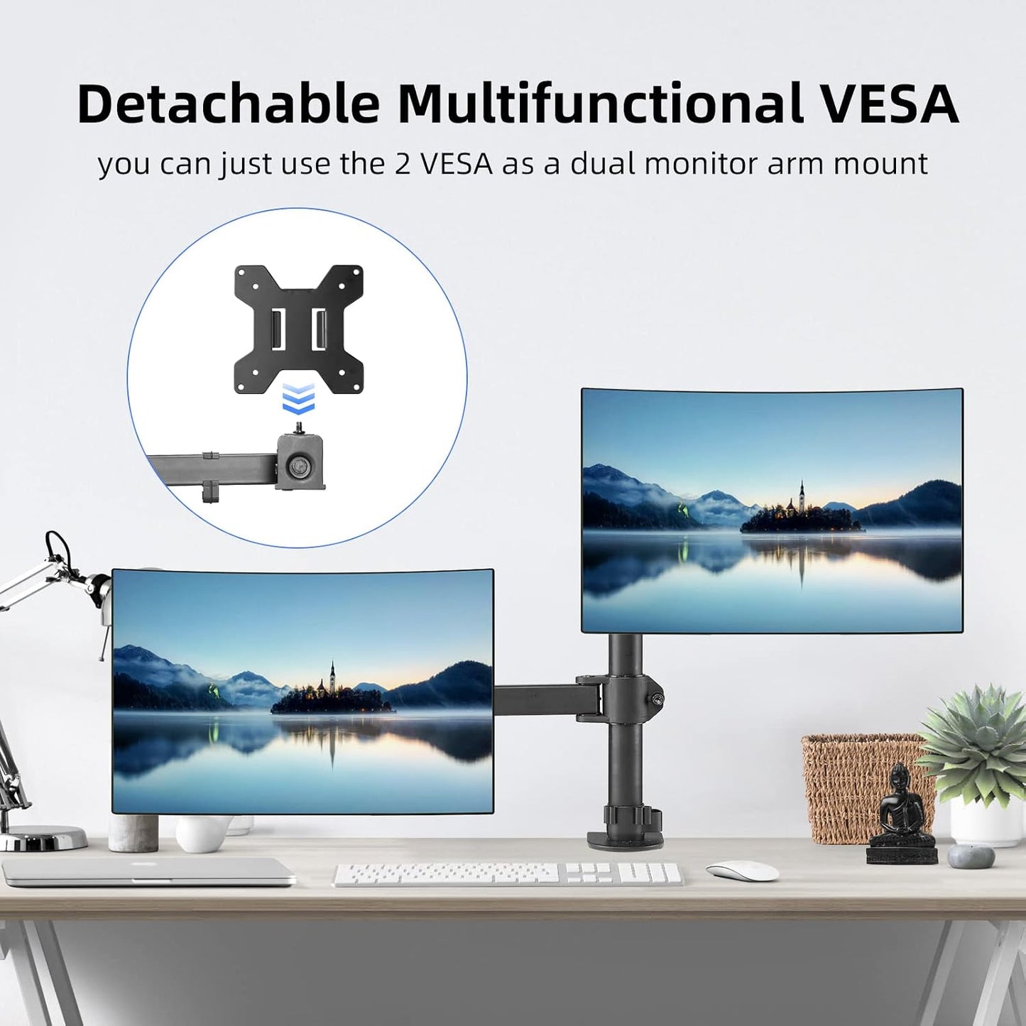 suptek Monitor and Laptop Mount Holds 13-32 inch Computer Screen, Adjustable Monitor Arm Stand with Laptop Tray for 13-27 inch, Hold 22 lbs, with Clamp and Grommet Mounting Base