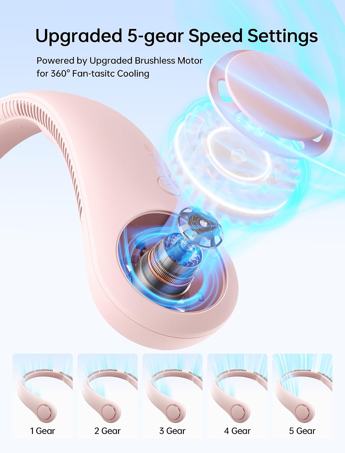 JISULIFE Portable Neck Fan, Hands-Free Bladeless, 5 Speeds, 4000 mAh | Battery Operated Wearable Personal Fan, Twistable, Rechargeable Travel Essentials, Gifts for Women Men-Pink