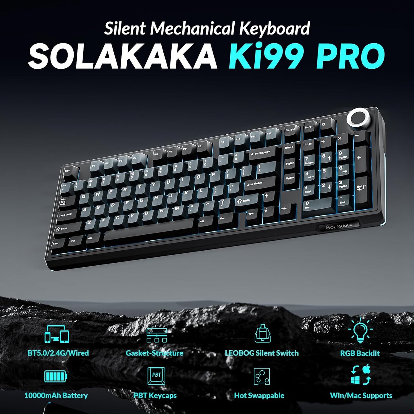 SOLAKAKA KI99 Pro Wireless Mechanical Keyboard with Quiet Switch, Hot Swappable Pre-Lubed Switches with RGB Backlit, Gasket Structure Computer Gaming Keyboard (BlackBlue, Silent Switch)