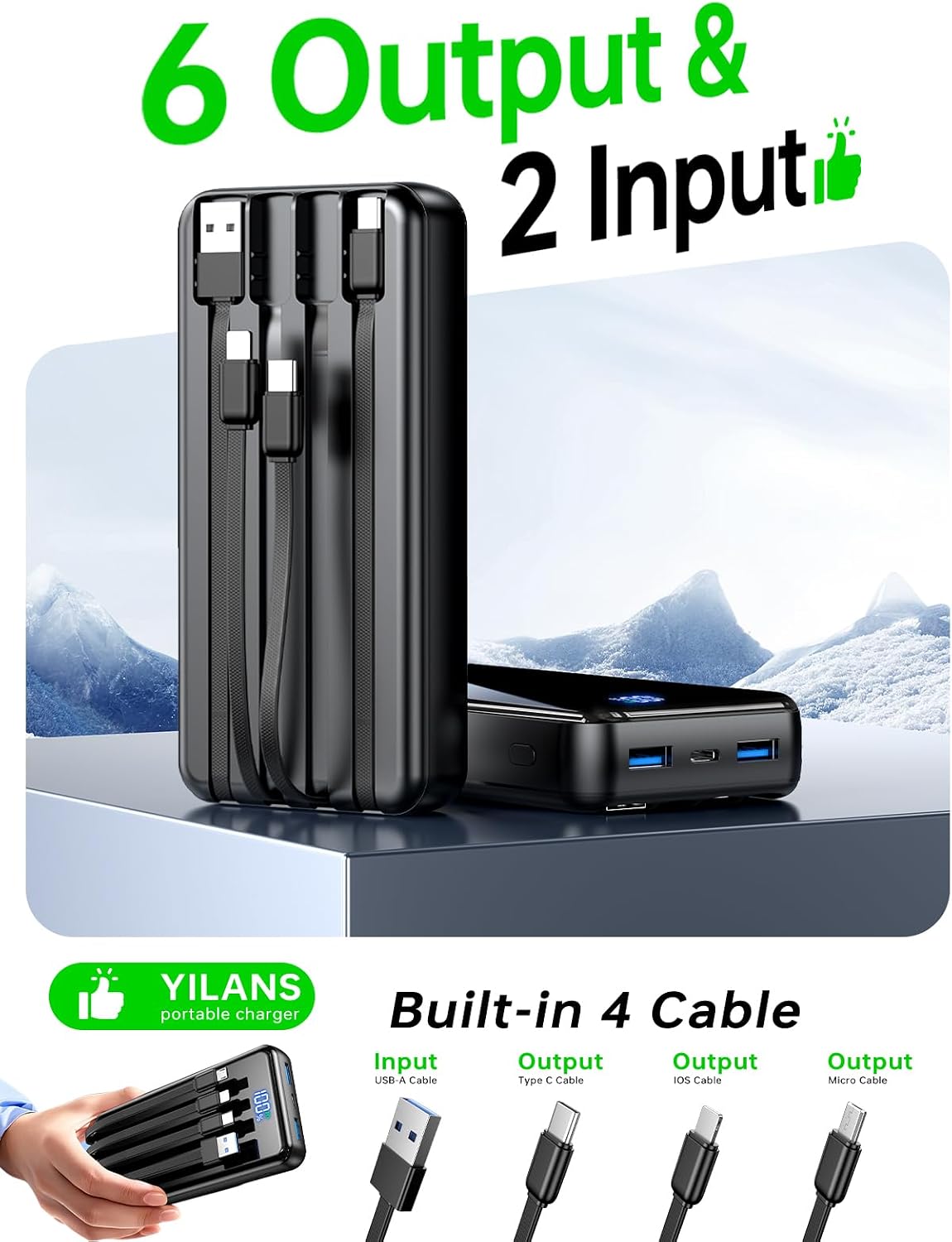 Portable Charger Power Bank, 50000mAh, 4 Built-In Cables,Travel Essentials | 22.5W Fast Charging, Charges 6 Devices, for Smartphone &amp; Tablet,Gift Ideas,for Frequent Traveler,Commuter,Student