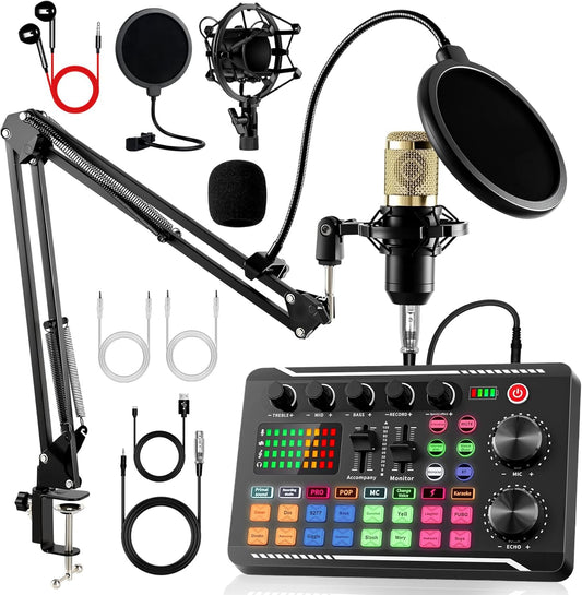 Podcast Equipment Bundle, F998 Sound Card with BM-800 Microphone | Podcast Equipment with Audio Mixer, Recording Studio Equipment for Podcasting Singing Gaming Live Streaming YouTube Tiktok