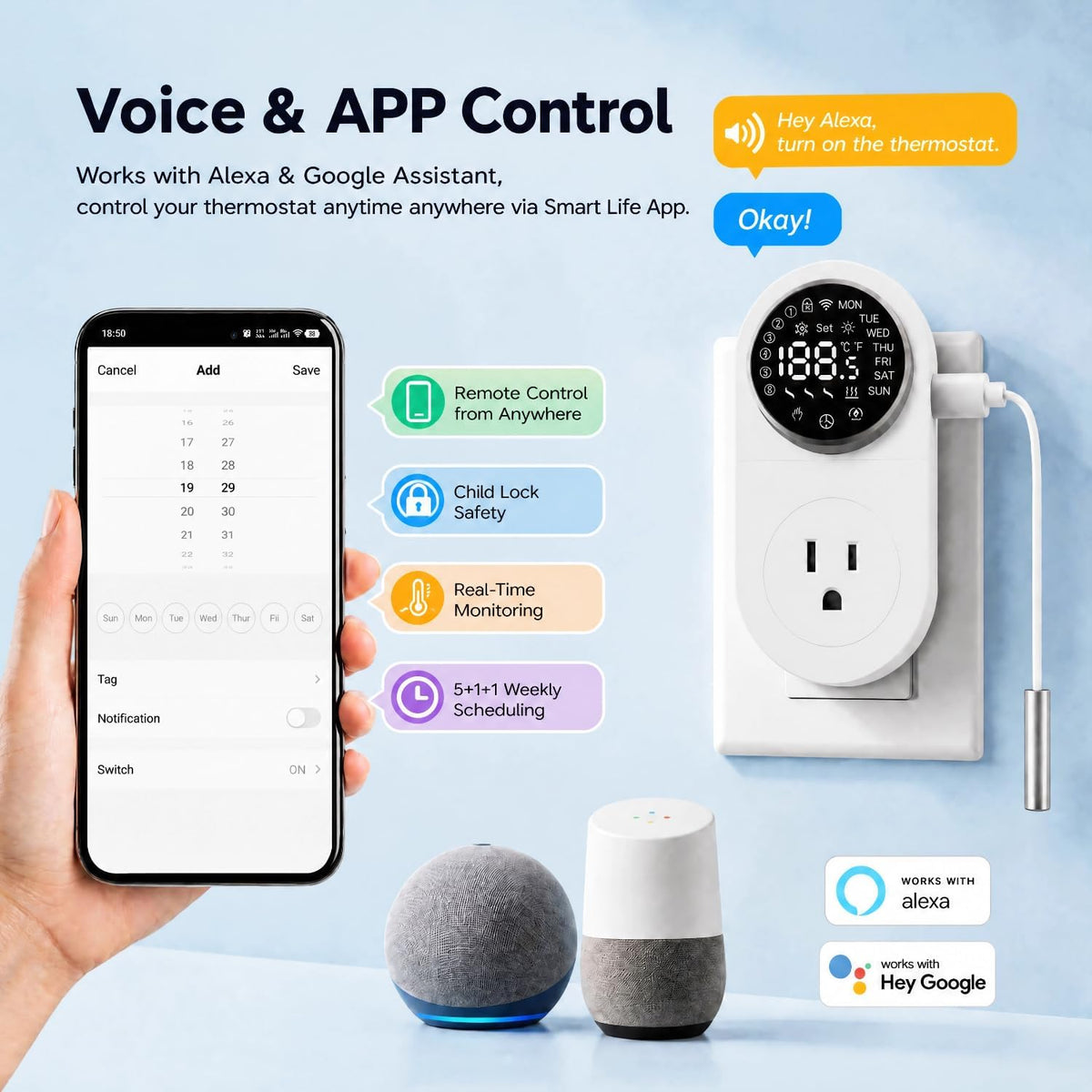 Plug in WiFi Thermostat, Knob Temp Controller with Probe, App Control
