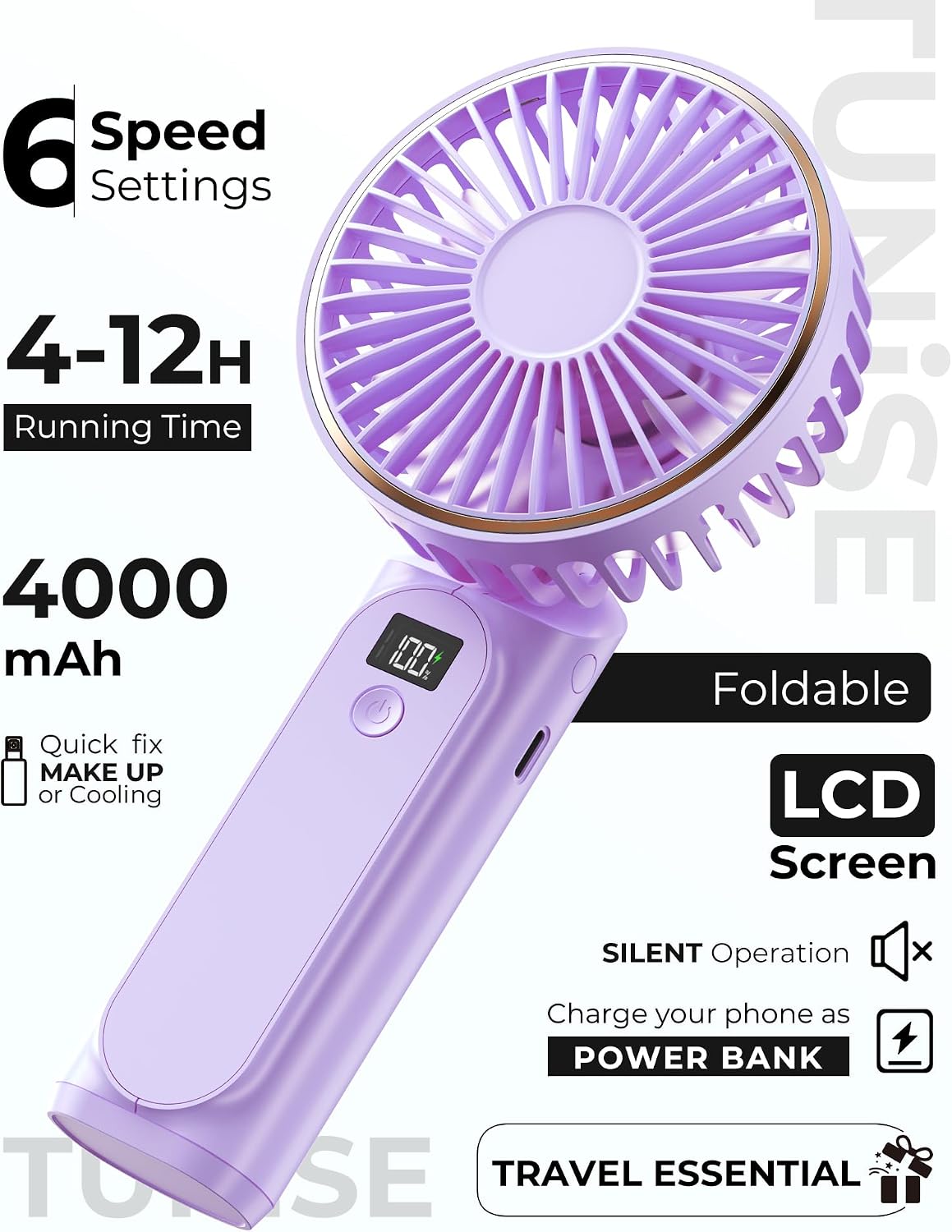 TUNISE Portable Handheld Fan, 4000mAh, 180 Adjustable, 6 Speed Wind, USB Rechargeable Foldable Fan with Real-Time Electricity Display