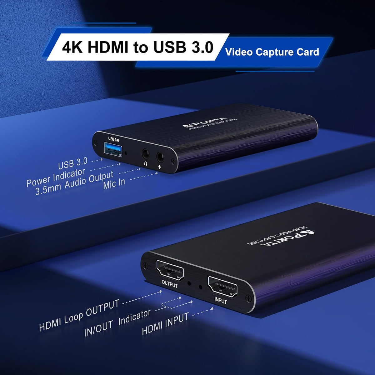 Portta HDMI Video Capture Card, Stream and Record in 1080P60 with Ultra-Low Latency, 4K HDMI in/Loop Out, USB 3.0 to PC Compatible with Nintendo Switch 2/PS4/PS5/Xbox/OBS