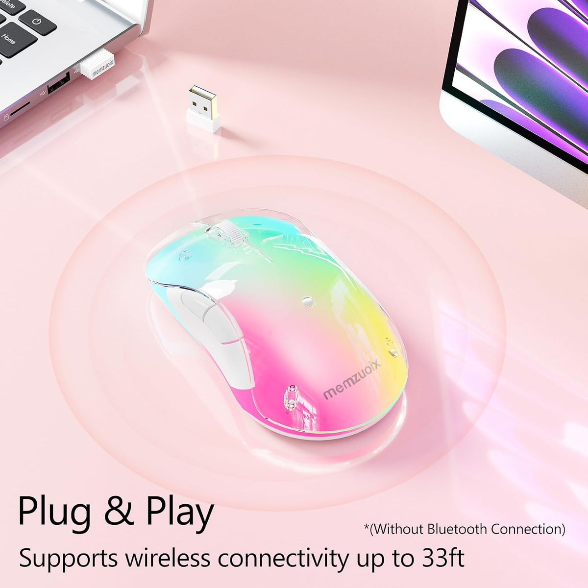 memzuoix 2.4G Wireless Mouse with Customizable Cover & 9-Color LED - Rechargeable Ergonomic, 1400 DPI, 5 Buttons, USB Receiver for PC/Mac - Pink