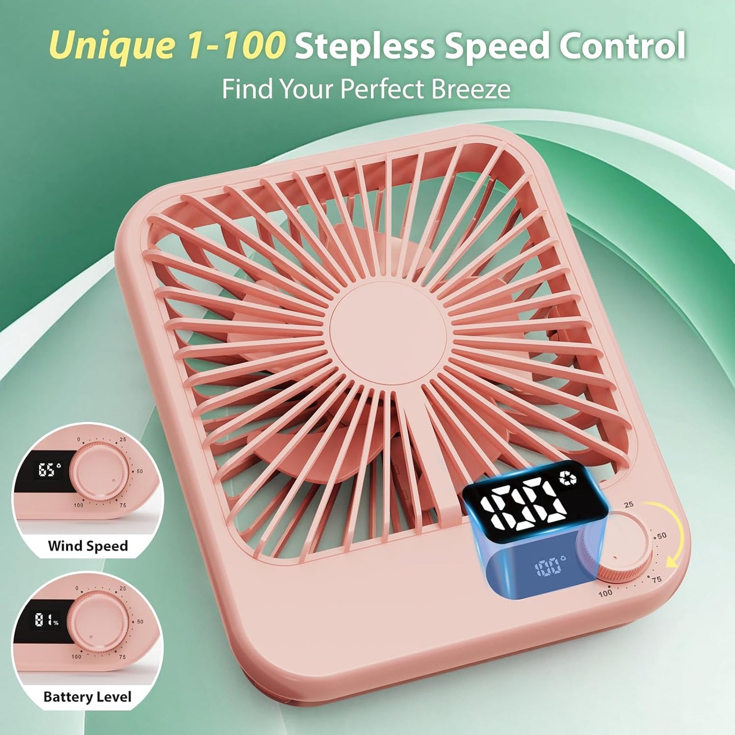 Travel Fan for Sleeping, 4000mAh Portable Pink Fan for Summer Essentials, Small Desk Fan Rechargeable 100 Speed Wind for Beach Fan Travel Essentials Gifts for Women Teens Girl