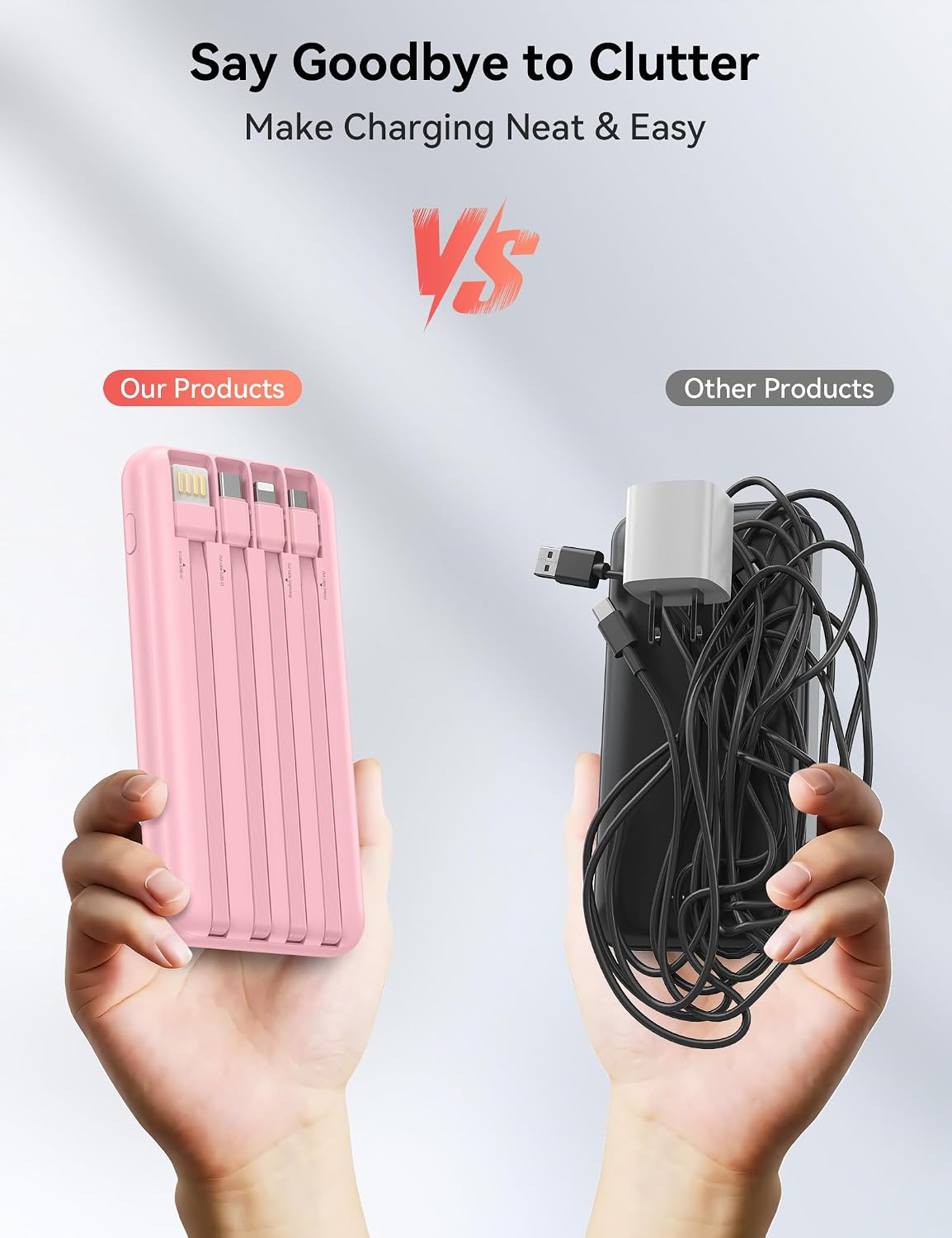 Nusyddy Portable Charger 10000mAh PD20W w/4 Built-in Cables/6 Outputs Pink | PD20W Fast Charging, LED Display, Pass Through Charging, Charge 6 Devices at once, TSA Approved, Fits iPhone, iPad, Samsung
