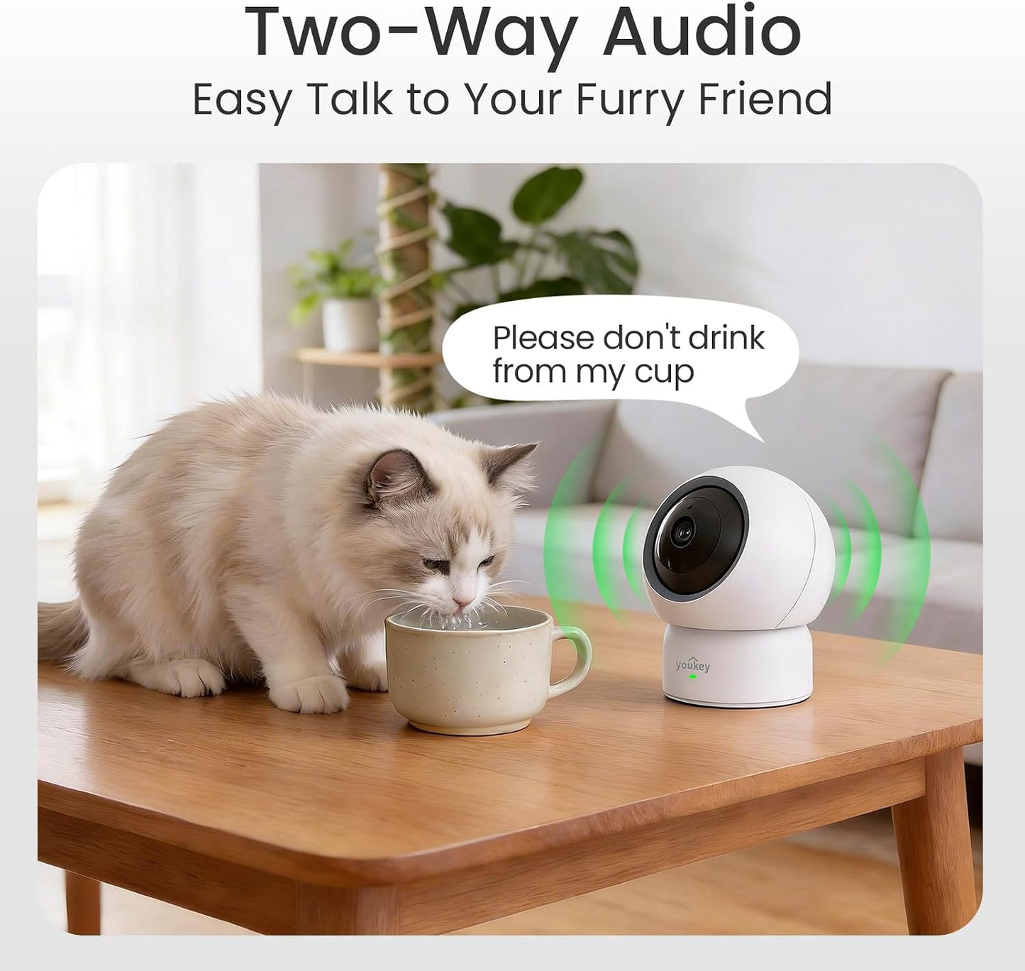 youkey 2.5K Indoor Pet Security Camera, Two-Way Audio Chat to Your Pets, AI Pet/Human Detection, 360° AI Human Tracking, Privacy Mode, No Monthly Fees, Night Vision, WiFi 6（2.4GHz & 5GHz）