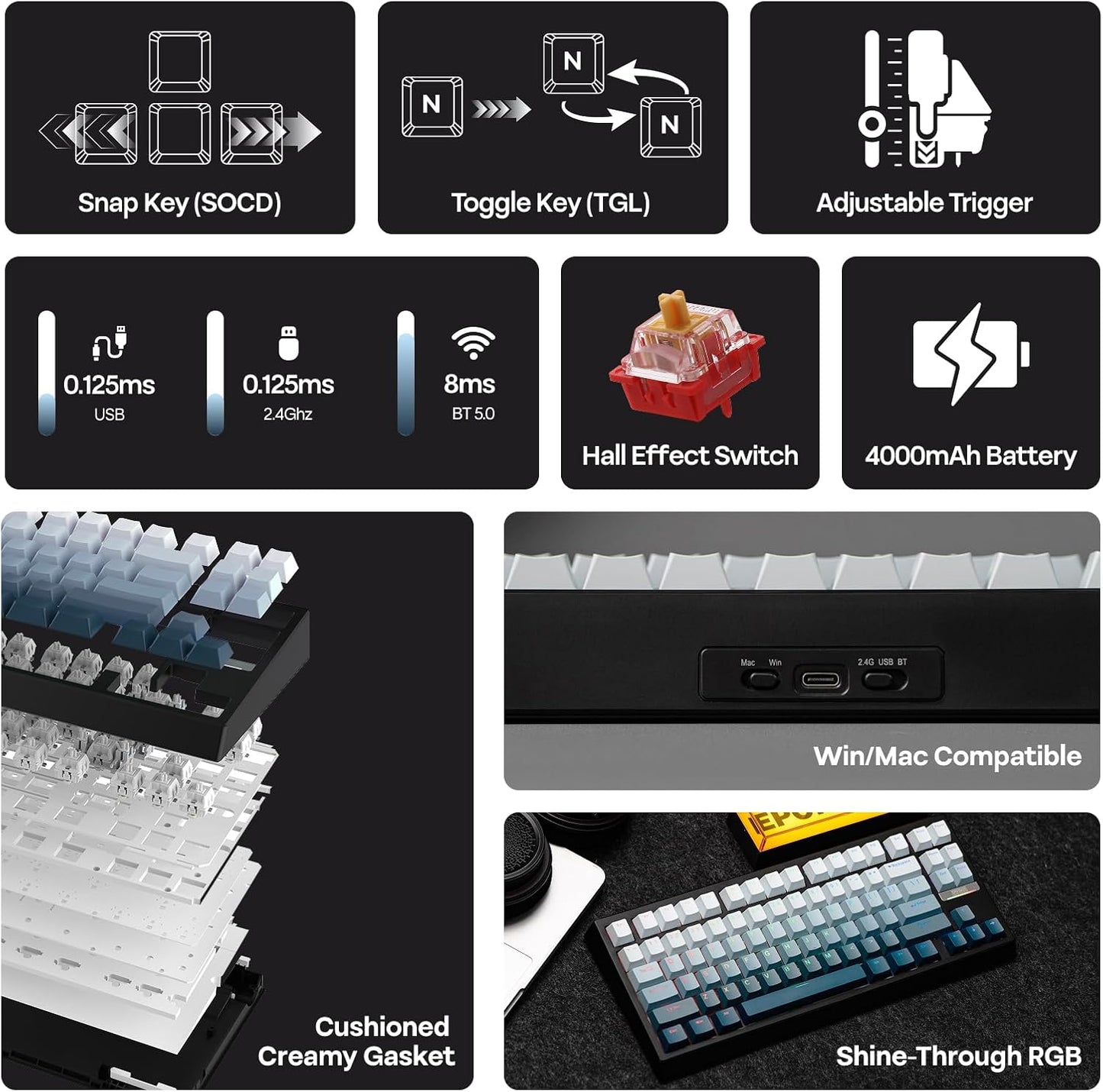 EPOMAKER G84 HE Wireless Hall Effect Keyboard, 8K Polling & 8000mAh, SOCD & DKS, Gaming Keyboard with Fast Trigger & Adjustable Actuation, RGB Backlit, PBT Keycap, Hot-Swap, for Win/Mac (Black)
