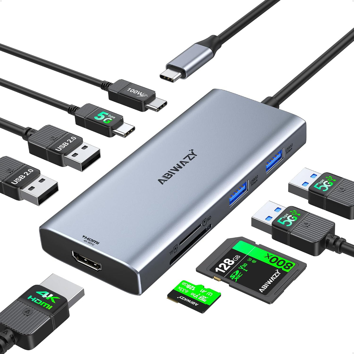 ABIWAZY USB C Hub Multoport Adapter, 9 in 1 Mac Adapter for MacBook Pro/Air