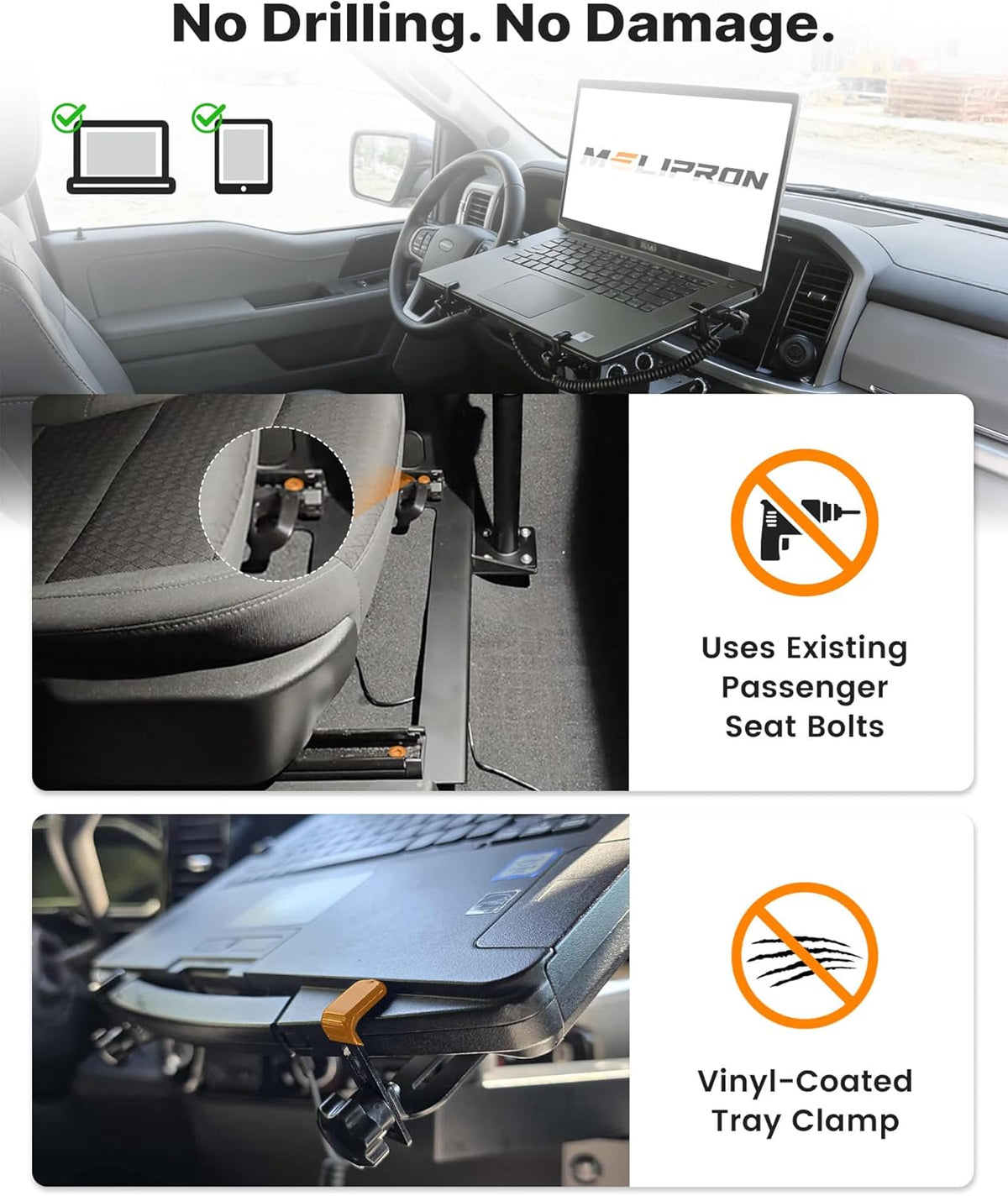 Truck Laptop Mount Fit for 19-26 Chevy Silverado, Tahoe, GMC Sierra, No-Drilling Vehicle-Specific Laptop Holder with Cooling Fan Adjustable Height for Work on The Go