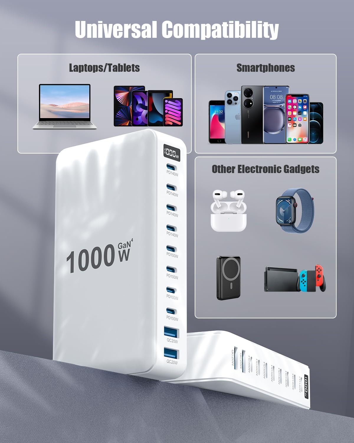 1000W USB C Charger Block,10-Port USB C GaN Multiple Port Charging Station