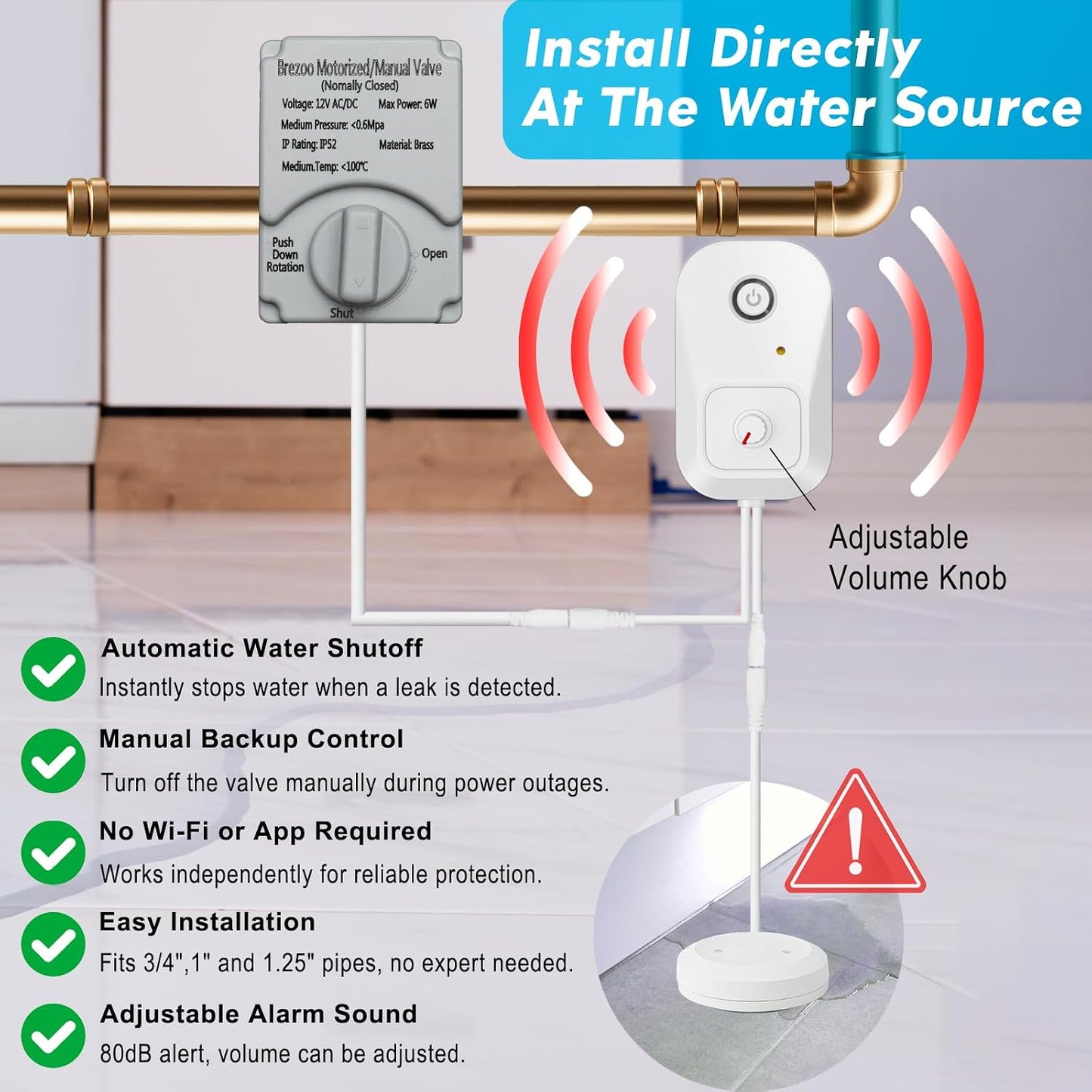 Water Leak Detector for Home, for 3/4-Inch Diameter Pipe | Water Alarm Leak Detector with Automatic Shutoff, Includes Leak Sensor and Water Valve, Protect Your Home from Water Damage